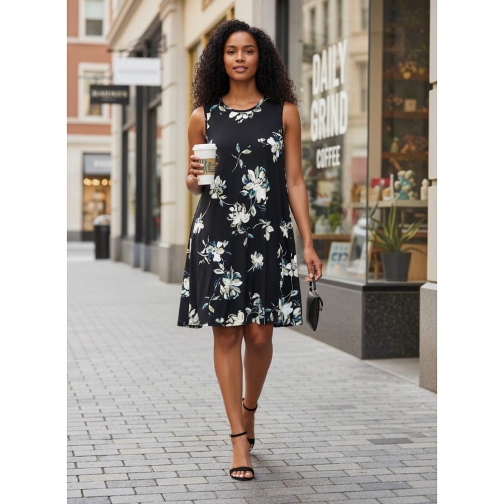 Cynthia Rowley Women S Black Floral Sleeveless Swing Knee Length Dress Pockets‎